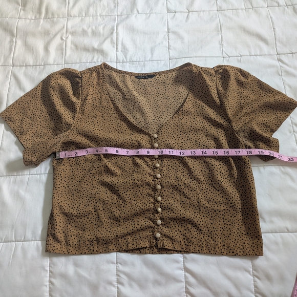 Brown Polkadot Cropped Blouse with Flutter Sleeves - Picture 2 of 4